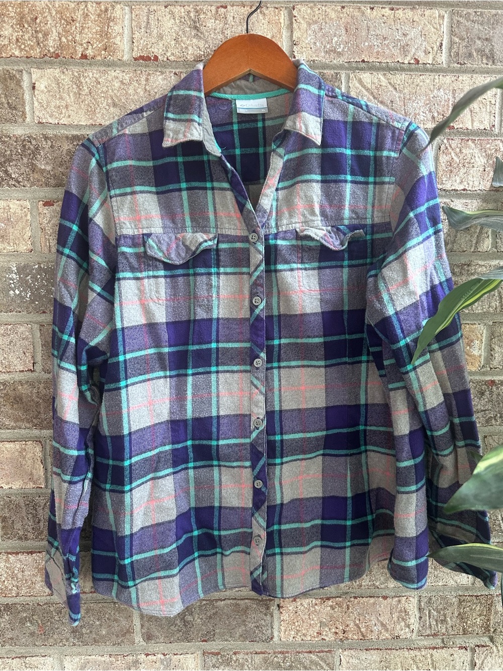 Womens Plaid Button-Front Flannel Shirt in Purple & Teal XL